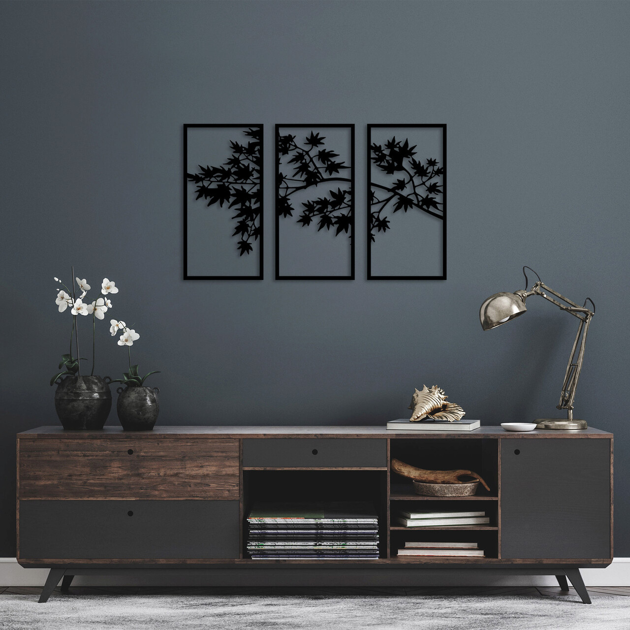 Decoratiune de perete, Tree Branch, 34 x 67 cm, 3 piese, Negru - imagine 7